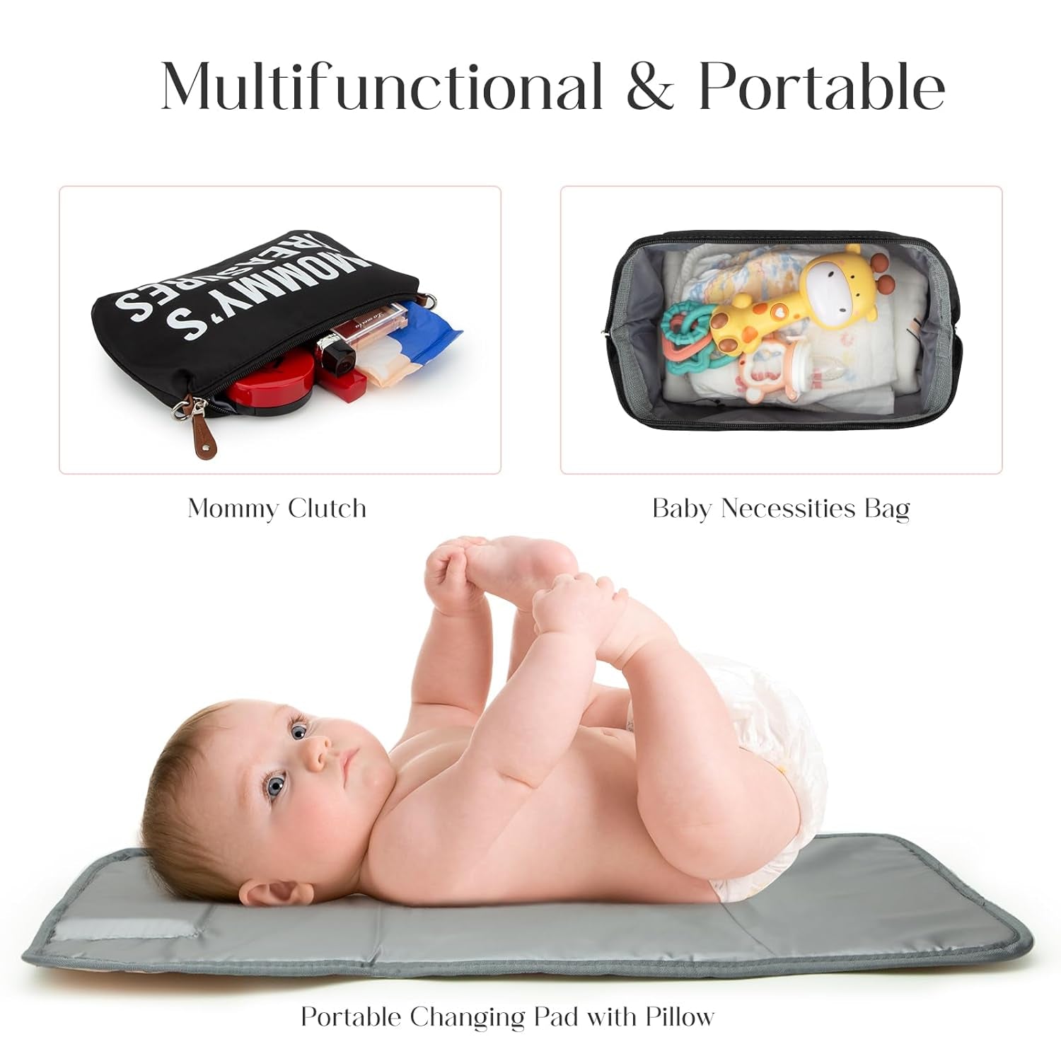 6-Piece Large Diaper Bag Tote Set with Changing Pad, Two Organizing Pouches, Pacifier Case, Straps, and Stroller Hook - Ideal for Hospital and Weekend Travel