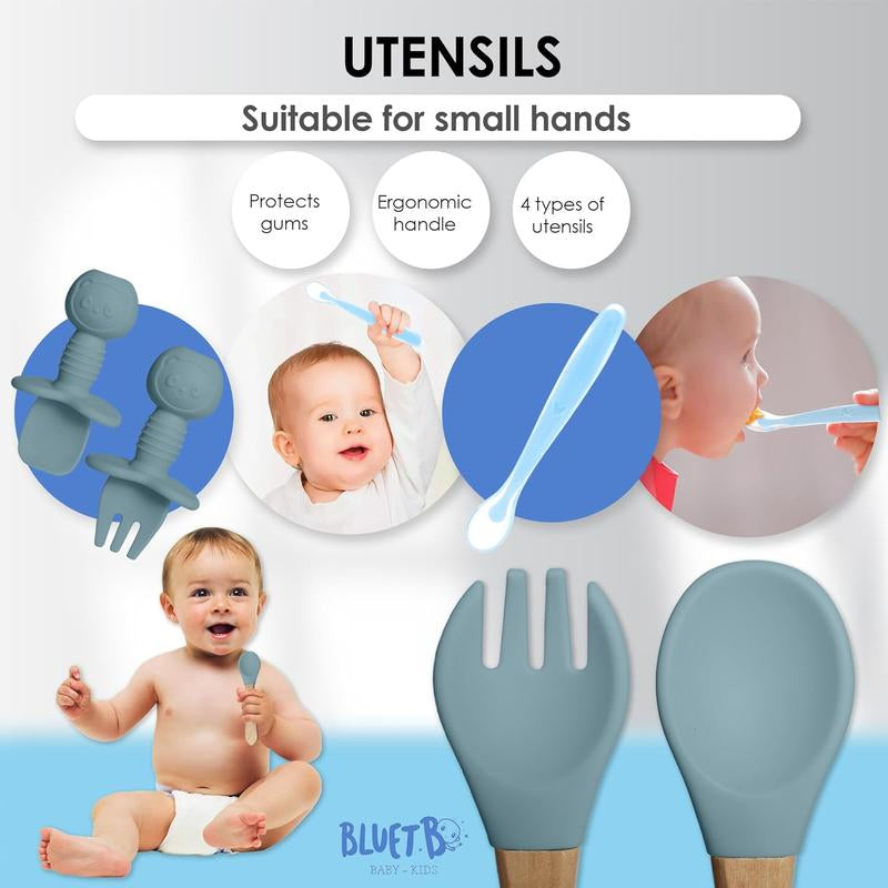 11 PCS Silicone Baby Feeding Set with Pacifier - Baby Led Weaning Supplies - Baby Spoons, Suction Bowl - Plate - Baby Utensils Set - Silicone Feeding Set for Baby First Foods