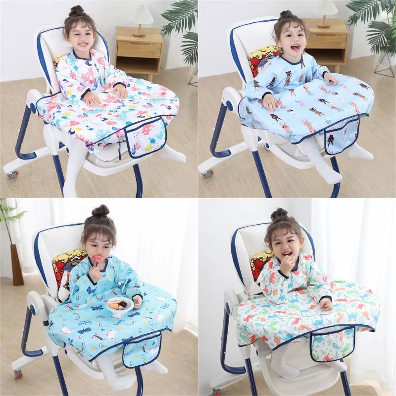 Feeding Bib for Baby Boys Girl 6M-4Y Waterproof Bib Apron Smock with Table Cover Infant Mess-Free Kid Full Coverage Bib X90C