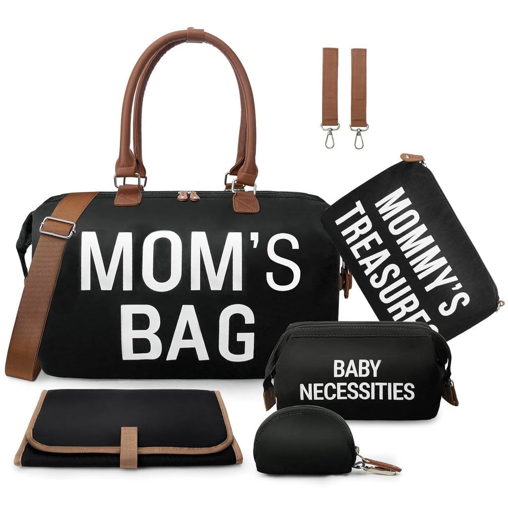 6-Piece Large Diaper Bag Tote Set with Changing Pad, Two Organizing Pouches, Pacifier Case, Straps, and Stroller Hook - Ideal for Hospital and Weekend Travel