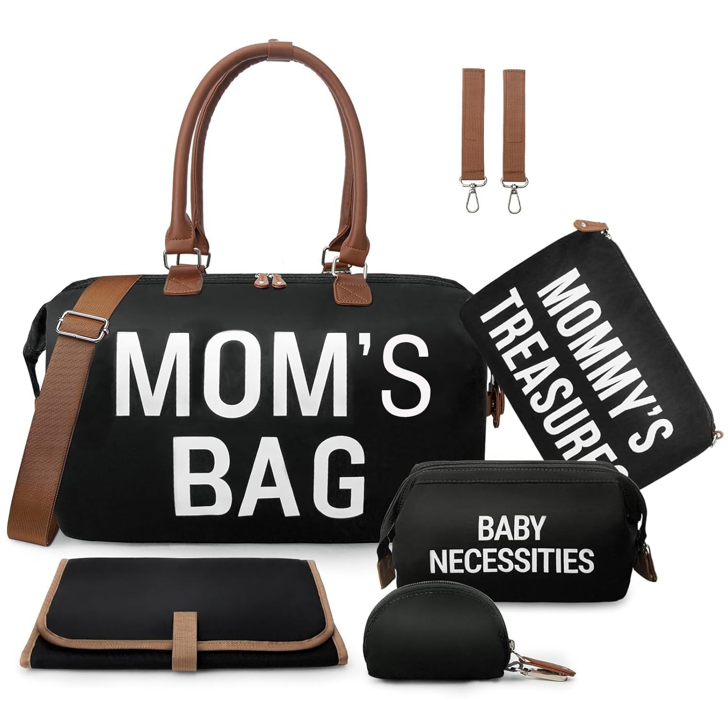 6-Piece Large Diaper Bag Tote Set with Changing Pad, Two Organizing Pouches, Pacifier Case, Straps, and Stroller Hook - Ideal for Hospital and Weekend Travel