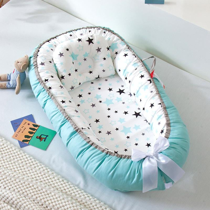 Baby Bed, Foldable Washable Floral Print Baby Cot with Pillow