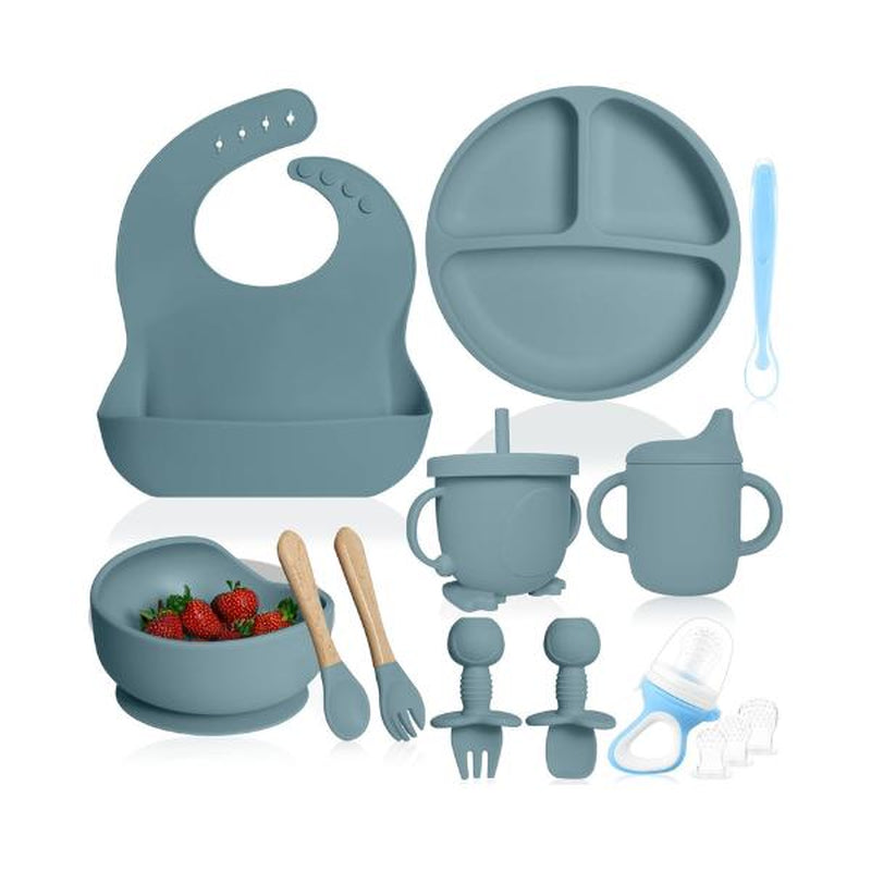 11 PCS Silicone Baby Feeding Set with Pacifier - Baby Led Weaning Supplies - Baby Spoons, Suction Bowl - Plate - Baby Utensils Set - Silicone Feeding Set for Baby First Foods